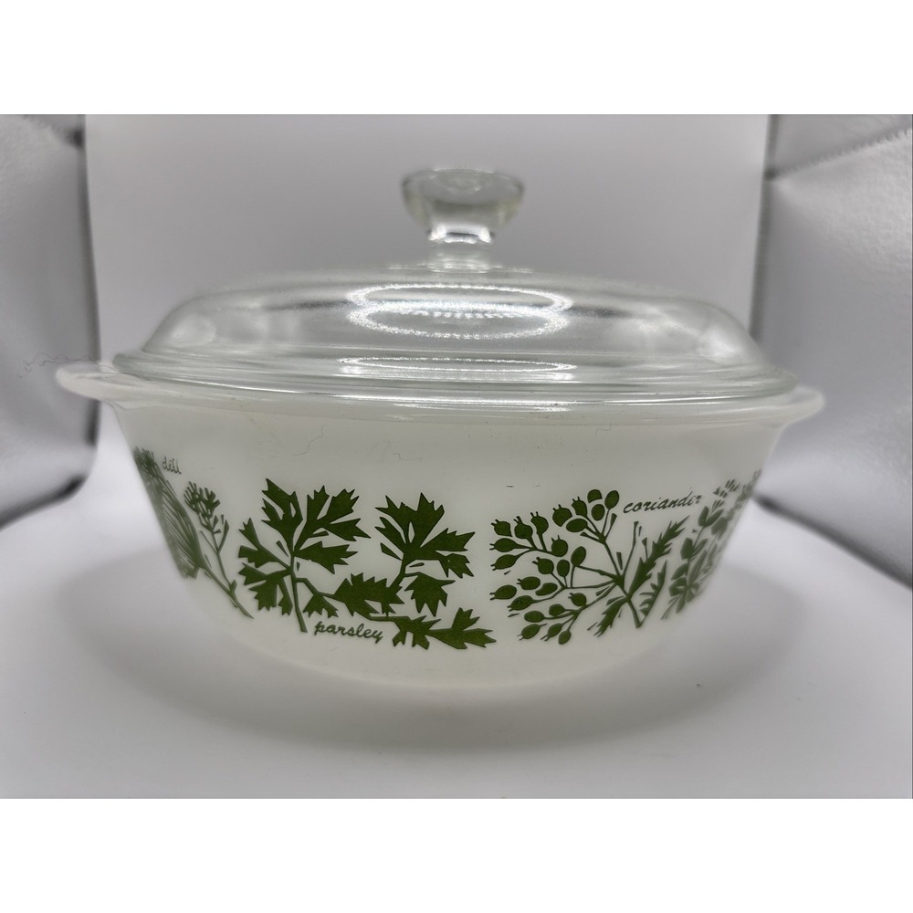 Vintage Glasbake J514 Green‎ Herbs 2 Quart Casserole Baking Dish w/ Lid, Chipped